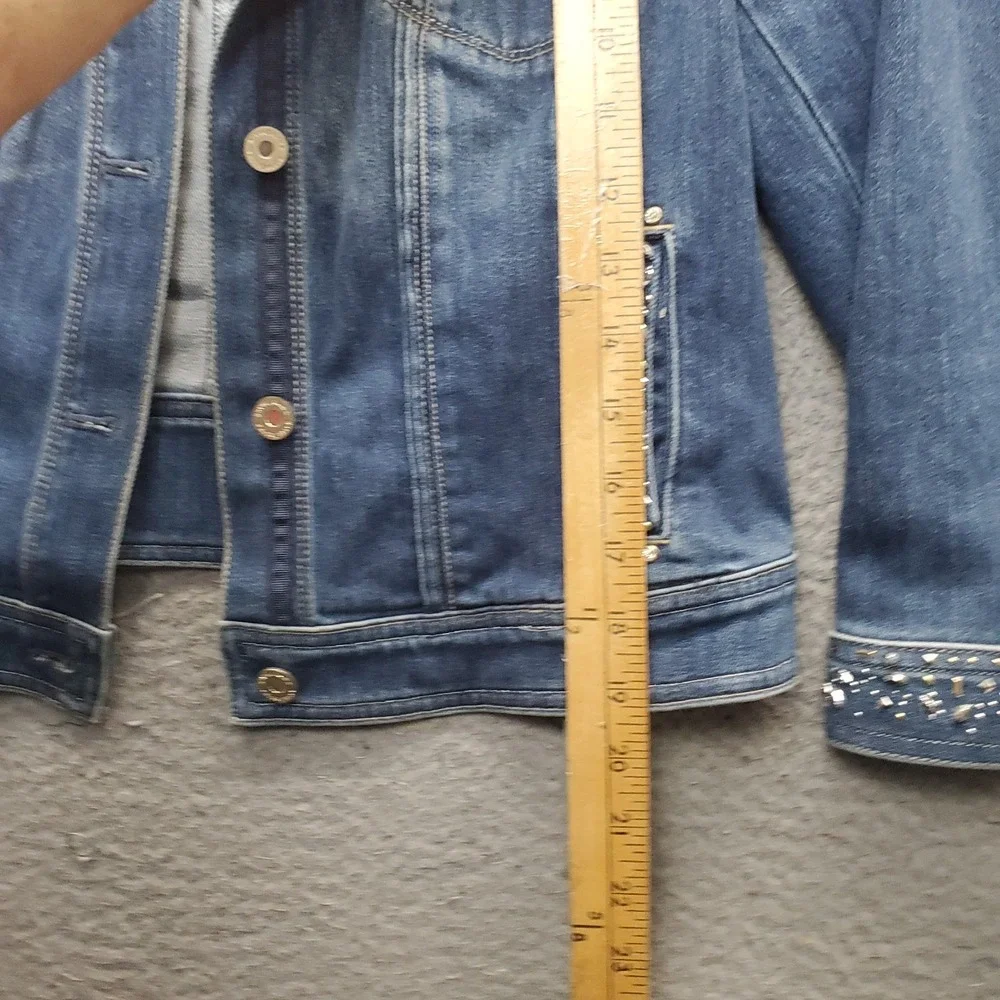 White House Black Market Trucker Jacket Womens 14 Blue Cuff Beaded Embellished